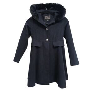 Rothschild Little Girls Hooded Pea Coat Sz 7/8 S Navy Blue Pleated Faux Fur $125